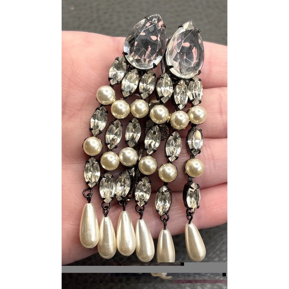 VTG Huge 3" Rhinestone Faux Pearl Dangle Chandelier Earrings Japanned Black Tone